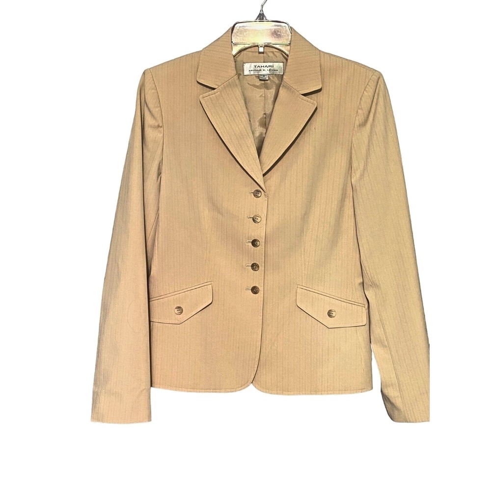 Tahari by Arthur S. Levine Women's Size 8‎ Tan Pinstripe 5 Button Blazer Jacket